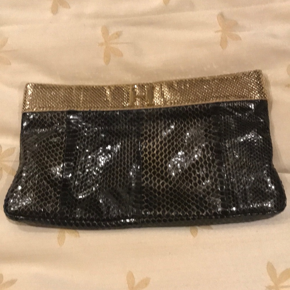 Chocolate Lizard with Gold Beaded Trim Clutch